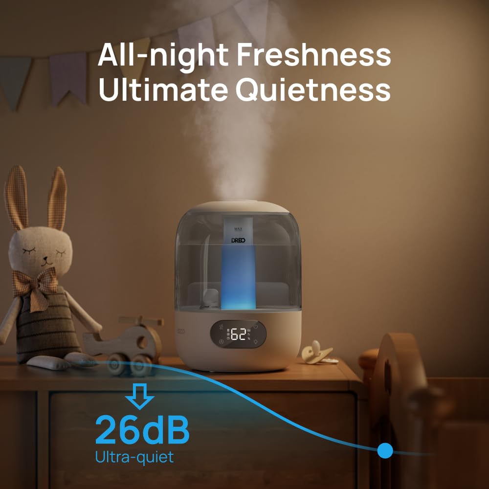 DREO Humidifiers for Bedroom, 3L Top Fill 30H & 26dB Quiet Runtime for Large Room, Cool Mist Ultrasonic Humidifier with Humidity Sensor, Night Light for Home, Baby, Nursery, Plants, 360° Nozzle, Black FUN GUY WORLD   FUN GUY WORLD