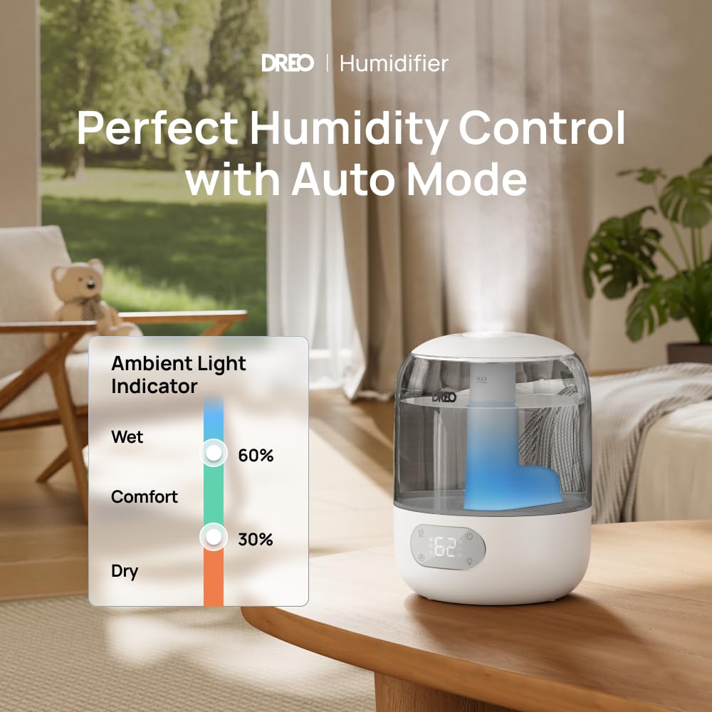 DREO Humidifiers for Bedroom, 3L Top Fill 30H & 26dB Quiet Runtime for Large Room, Cool Mist Ultrasonic Humidifier with Humidity Sensor, Night Light for Home, Baby, Nursery, Plants, 360° Nozzle, Black FUN GUY WORLD   FUN GUY WORLD
