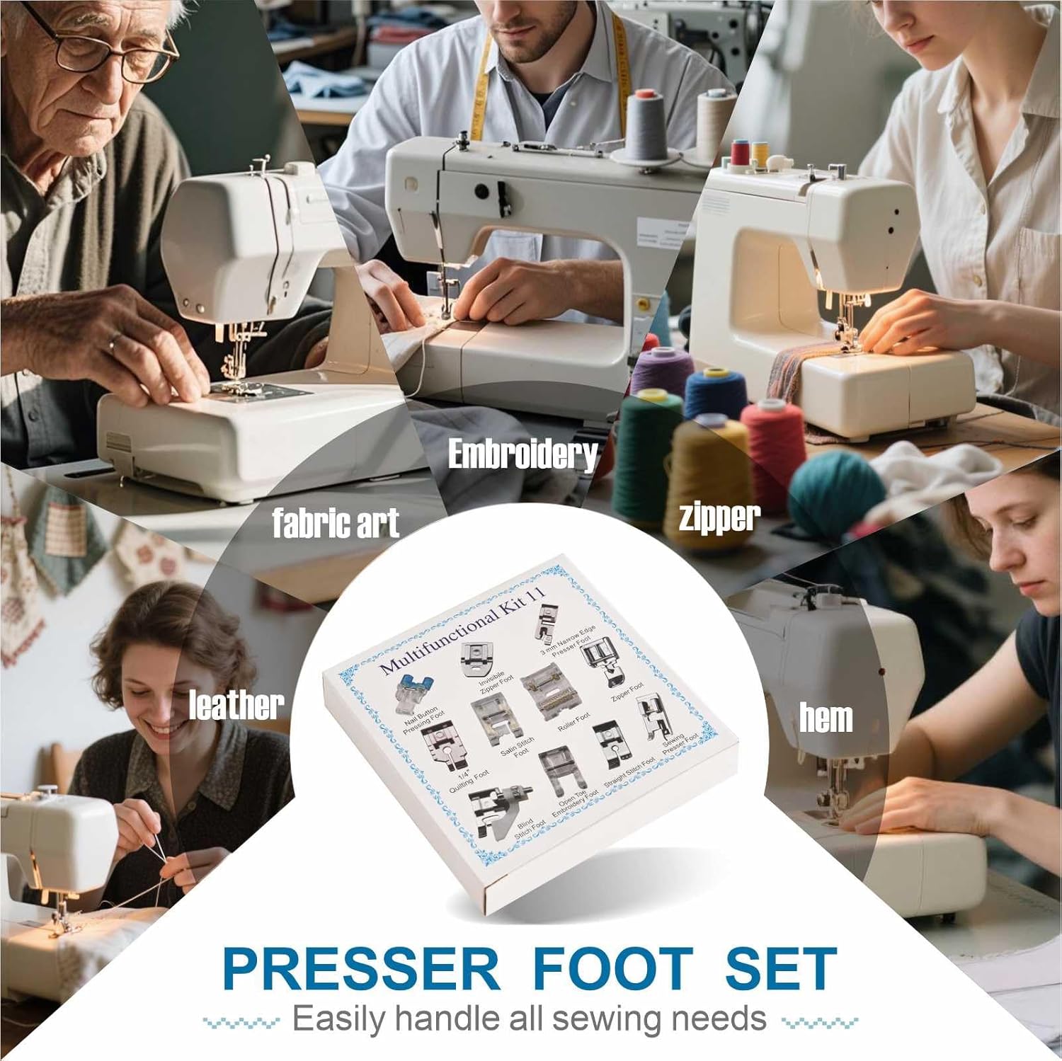 Qeykizy 11 Pcs Sewing Machine Presser Feet Kit, Rolled Hem Feet, Invisible Zipper Foot for Low Shank Sewing Machine, Snap on Feet Compatible with Singer, Brother, Janome, Babylock, Juki, Kenmore FUN GUYS SHOP   FUN GUYS SHOP