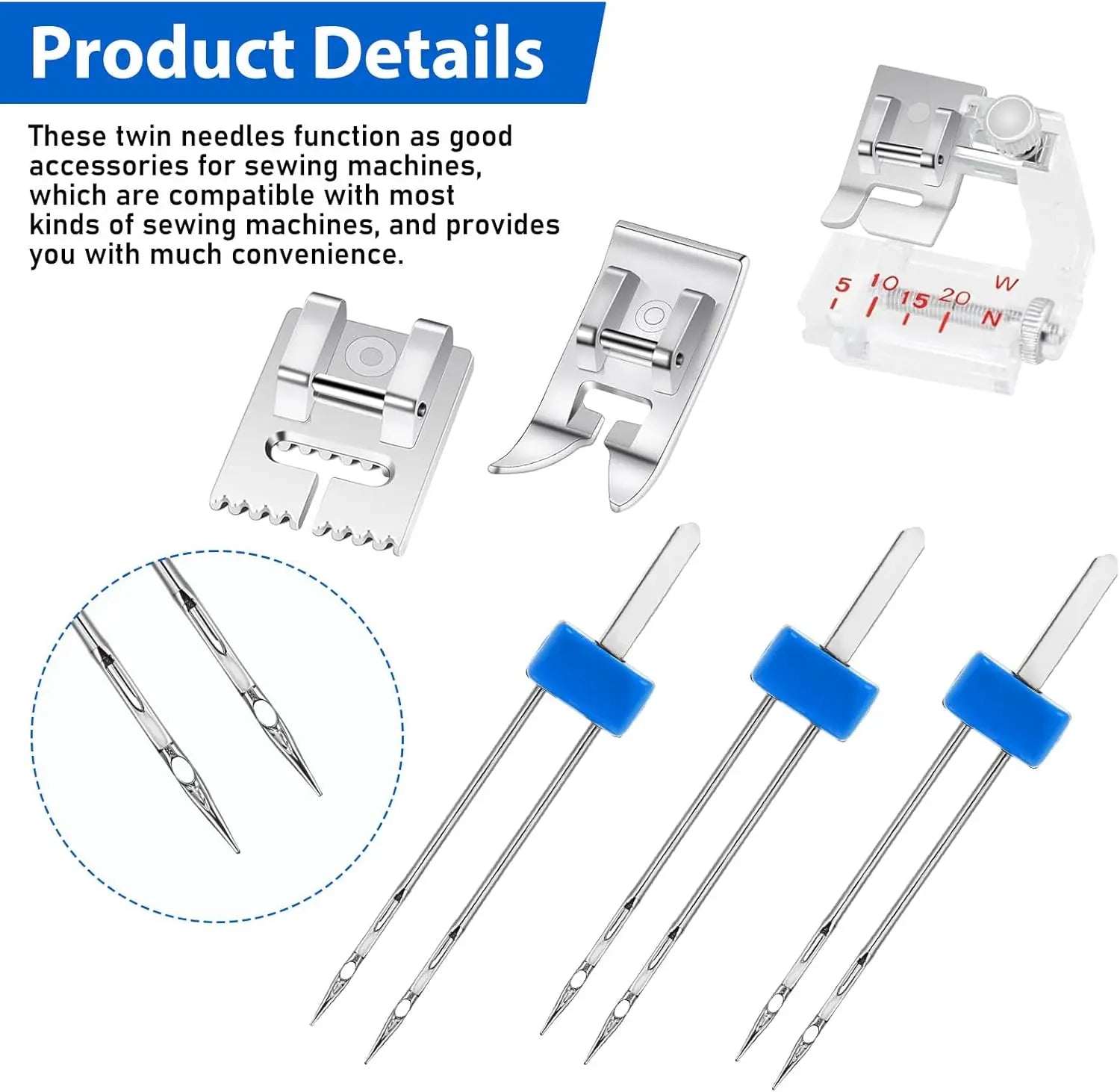 6 Pack Twin Needle for Sewing Machine, Double Twin Needle with 3 Pieces Different Presser Foot for Household Sewing Machine - 3 Size 2/90 3/90 4/90 FUN GUYS SHOP   FUN GUYS SHOP