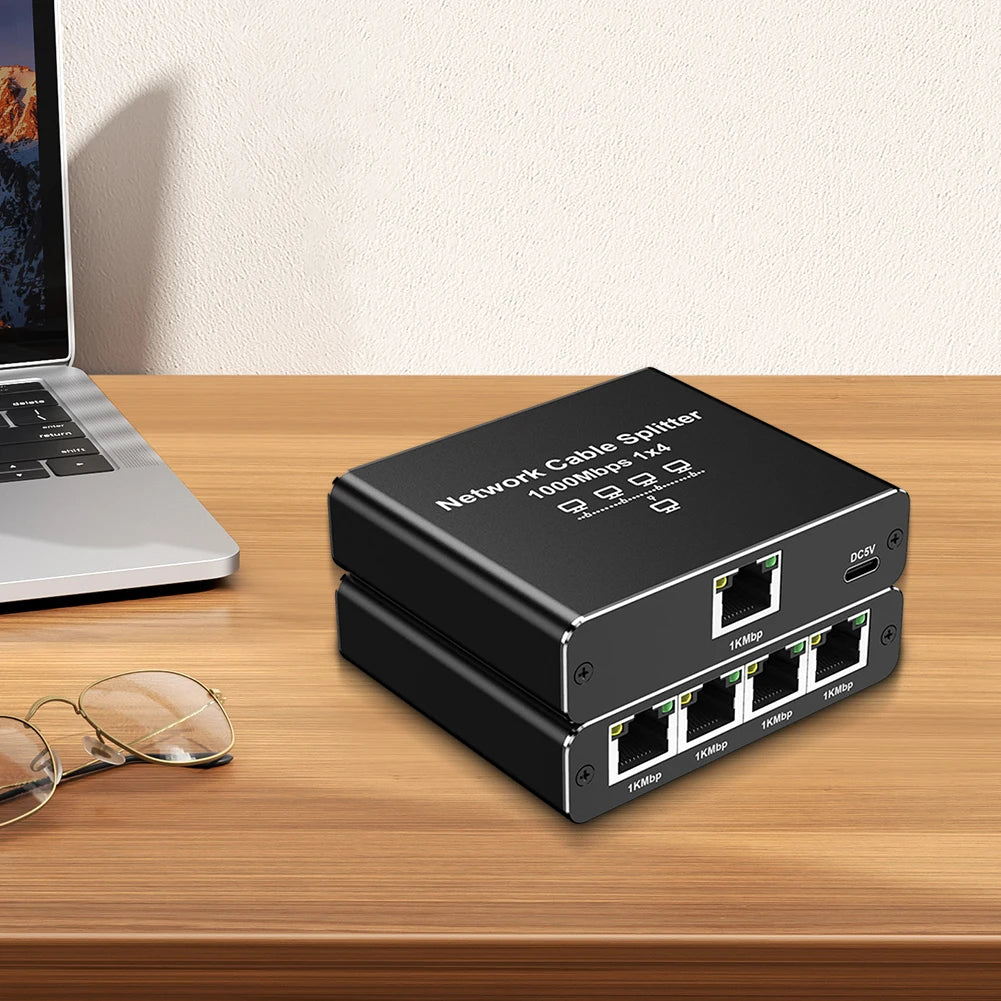1 To 4 RJ45 Splitter High Speed 1000Mbps Network Connector Splitter HUB 4 Devices Simultaneously Networking for Cat6/7/8 Cable FUN GUYS SHOP   FUN GUY WORLD