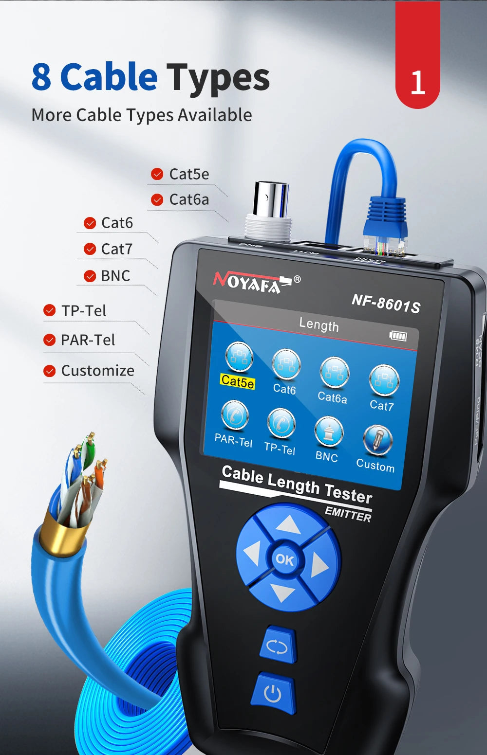 NOYAFA NF-8601S Network Cable Tester Anti-Interference Cable Tracker PING Tester RJ45 RJ11 Measure Length Tester Network Tools FUN GUYS SHOP   FUN GUYS SHOP
