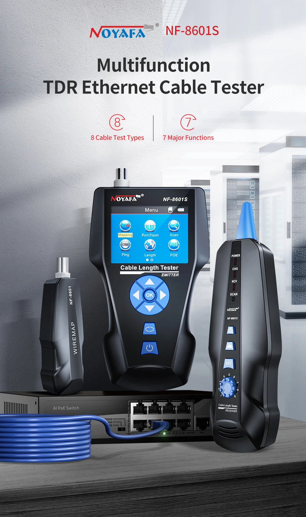 NOYAFA NF-8601S Network Cable Tester Anti-Interference Cable Tracker PING Tester RJ45 RJ11 Measure Length Tester Network Tools FUN GUYS SHOP   FUN GUYS SHOP