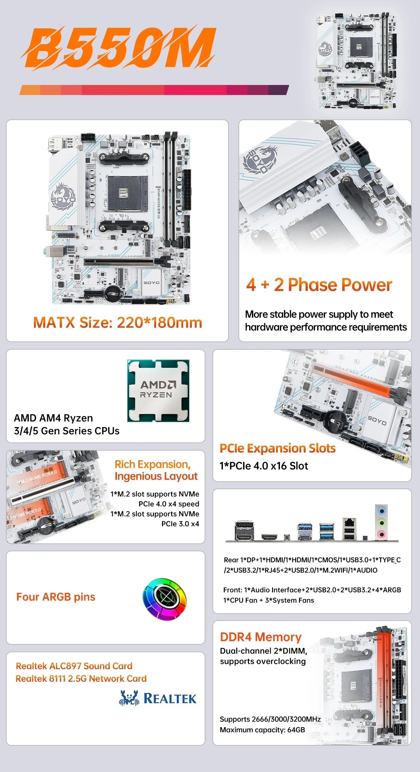 SOYO AMD B550M Gaming Motherboard USB3.1 M.2 Nvme Sata3 DDR4 Dual Channel Supports RYZEN R3 R5 R7 3000 4000 5000 CPU AM4 Socket - FUN GUY WORLD FUN GUYS SHOP FUN GUY WORLD 200000828:22814028046  Motherboard+CPU SOYO AMD B550M Gaming Motherboard USB3.1 M.2 Nvme Sata3 DDR4 Dual Channel Supports RYZEN R3 R5 R7 3000 4000 5000 CPU AM4 Socket FUN GUYS SHOP FUN GUY WORLD
